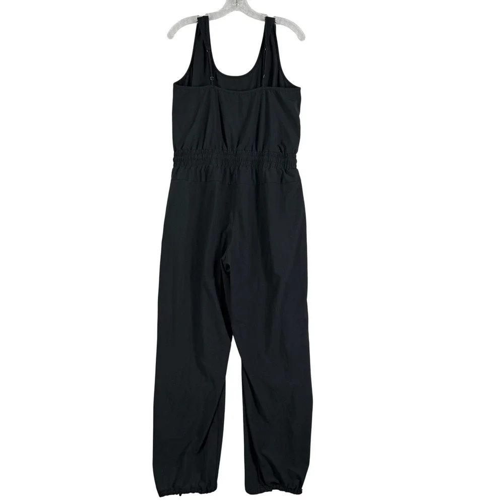Abercrombie & Fitch Jumpsuit Womens L Black Smocked Waist Bungee Hem Athleisure - Picture 2 of 13